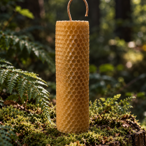 A rolled beeswax candle with a honeycomb texture among moss and evergreen branches.