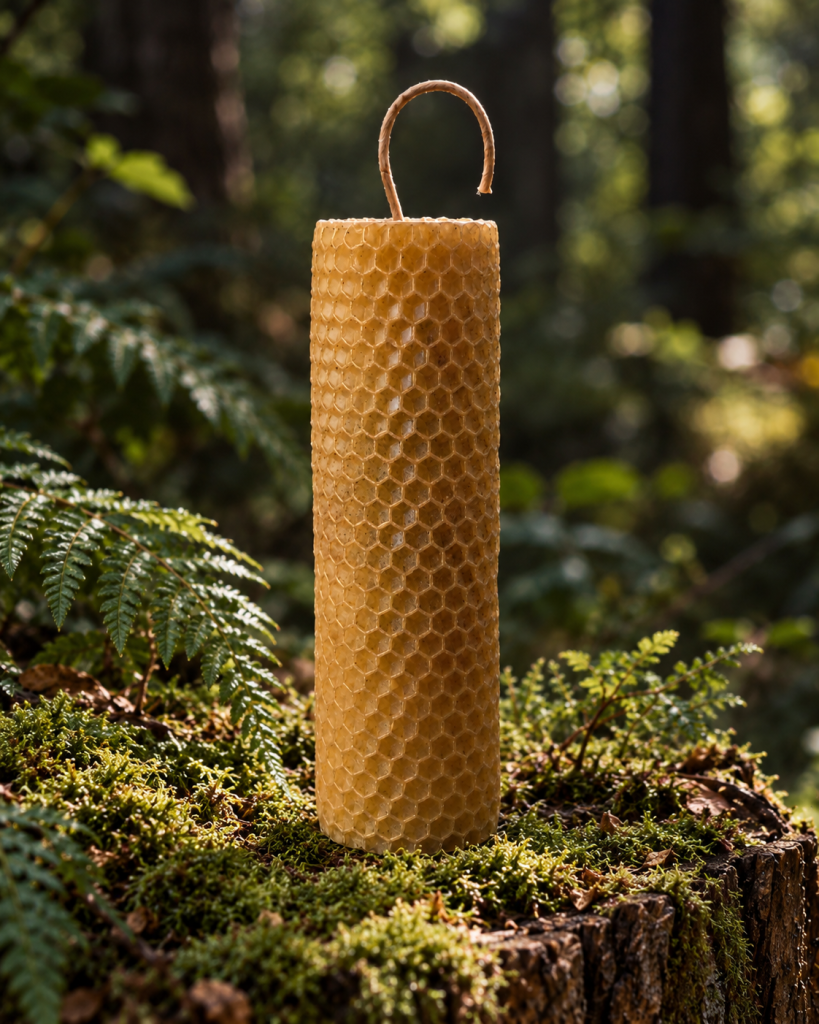 A rolled beeswax candle with a honeycomb texture among moss and evergreen branches.